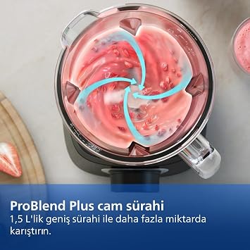 Philips Blender Series 5000 - Güç 1200W, Cam Hazne, 2L Toplam Kapasite, 3 Hız + Pulse, Karıştırma ve Yanınızda Götürme İçin Şişe Dahil, Kolay Temizlik, Siyah (HR3031/00)