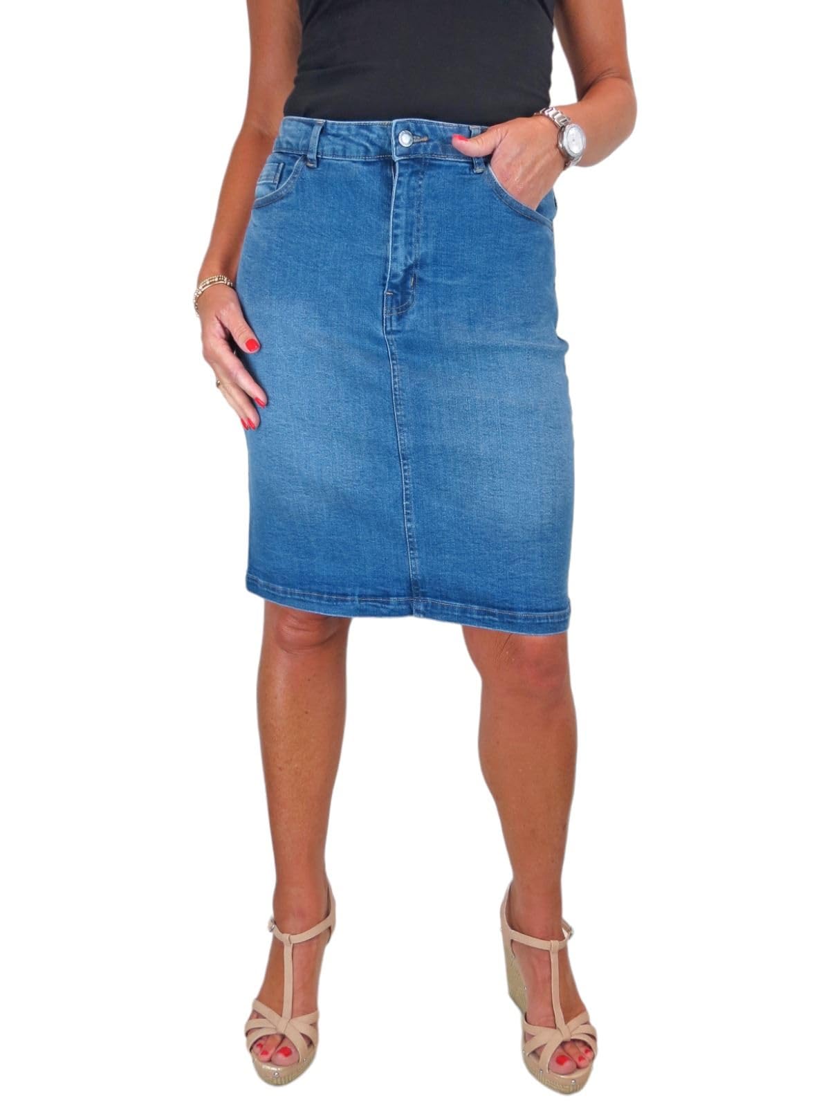 Paulo Due Womens Knee Length Stretch Denim Skirt Ladies 5 Pocket Jeans Pencil Skirt Mid Blue Faded 10-22 (10)