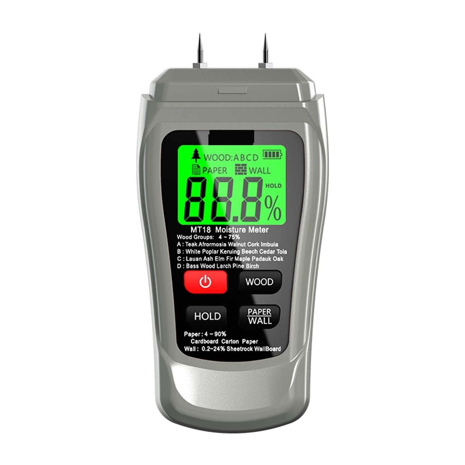 Mnmioio Gris Digital Moisture Tester, Mt-18 Grey 0-99.9% Two Pins Digital Wood Moisture Meter Paper Humidity Tester Wall Hygrometer Timber Damp Detector(Gris)