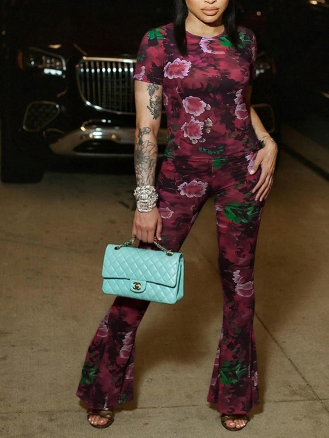 Two Piece Set Jumpsuit for Women Sexy Short Sleeve Floral Printed Mesh Bodycon Flared Pants Matching Set Club Outfits - Image 4