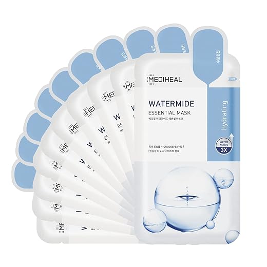 Mediheal Best Korean Sheet Mask - Watermide Essential Face Mask 10 Sheets For All Skin Types Korean Best Sheet Mask Hydrating Moisturizing with Water 3x Complex