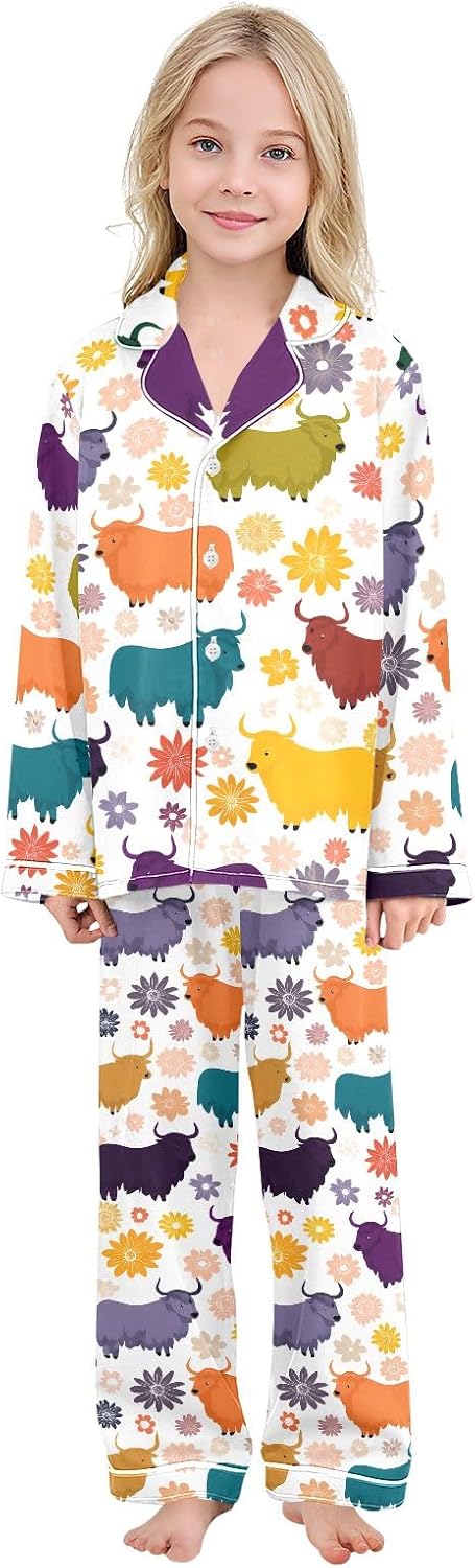Kids Casual Satin Wear Set Colorful Yak Flowers Pattern Unisex Relaxed Fit Clothing