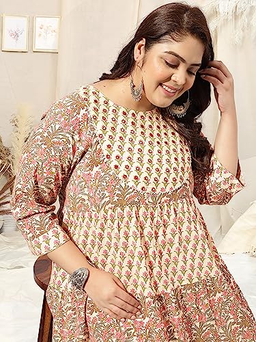Image of MIRCHI FASHION Plus Size Women's Cotton Sequins Embroidered Foil Printed Anarkali Kurti