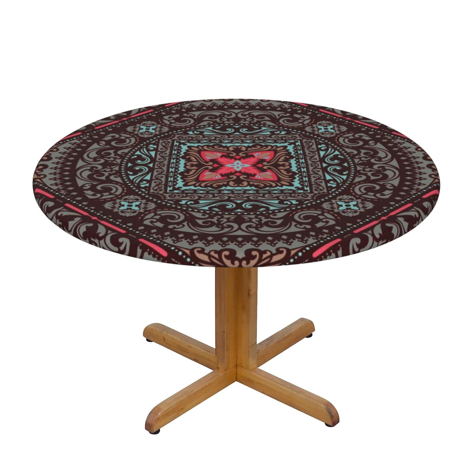 Lsjuee Round Fitted Tablecloth 45-50in Elastic Edged Table Cloth for Kitchen Dining Party Home Decor - Paisley Print Vintage Blue Red