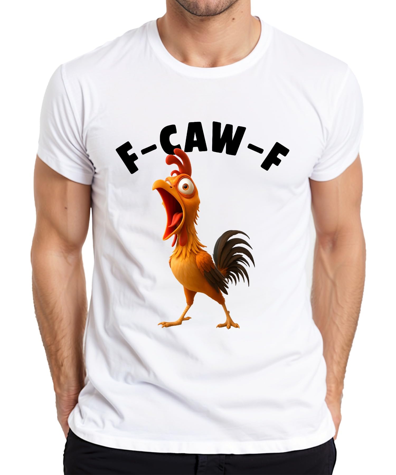 F-CAW-F Funny Chicken Cartoon Rooster Farm Gift Humour Joke Mens T-Shirt, White, M