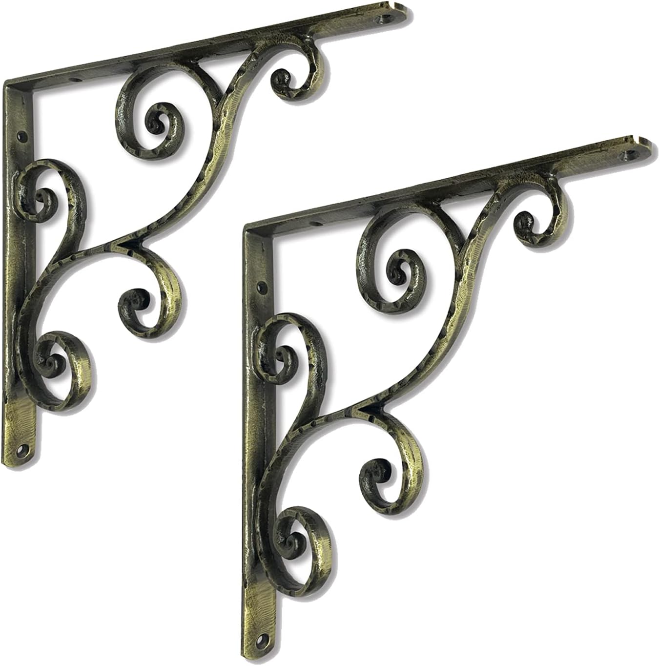 NACH Decorative Shelf Brackets, 2 Pack of 10 x 0.9 x 10 inch, Antique Brass Cast Iron Shelving Brackets - Metal Shelf Brackets for Wall - Victorian Scroll Shelf Bracket