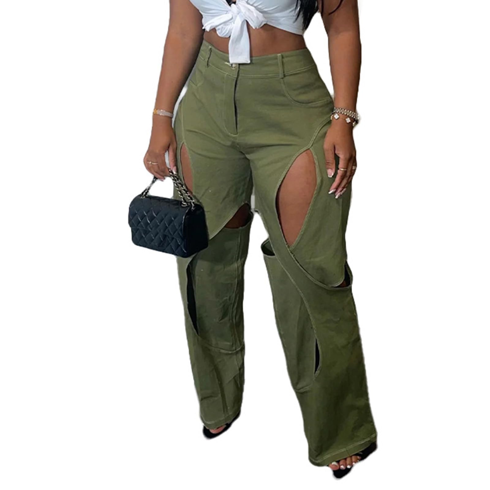 XZLUFNYWomen Straight Leg Cargo Pant High Waist Hollow Out Long Palazzo Trouser