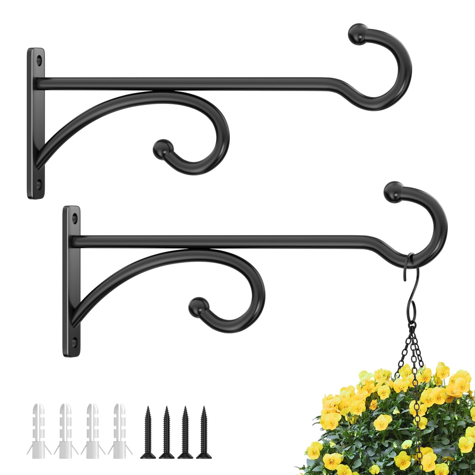 pickpiff 8-Inch Planter Hooks for Hanging Plants - Plant Hanger Hook Indoor Outdoor, Plant Wall Hooks, Brackets for Hanging Plants, Baskets, Wind Chime, Bird Feeder, Bird House (Black, Metal, 2 Pack)