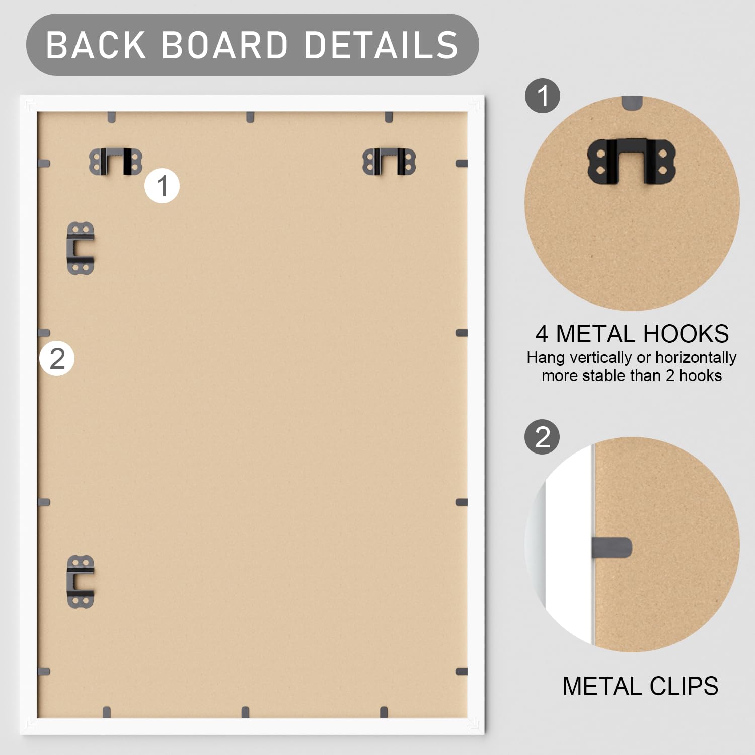 A2-Bilderrahmen mit abnehmbarem A3-Passepartout, Wandmontage, Weiß, 2 Stück | 42 x 59,4 cm Bilderrahmen mit 29,7 x 42 cm Passepartout, zur Wandmontage, horizontal und vertikal