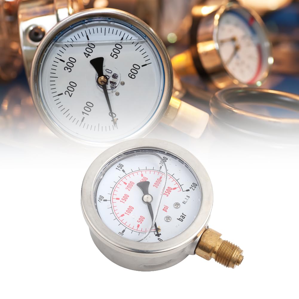 Manómetro Industrial, manómetro hidráulico de 0-250 bar/0-3750 PSI, manómetro hidráulico G1/4 con Esfera de 63 mm y Relleno de líquido.