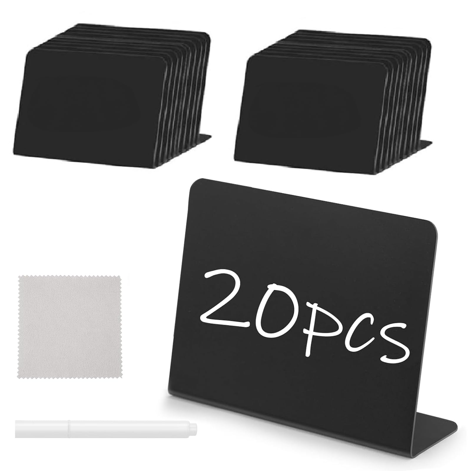 Food Labels for Buffet - 20-Pcs Mini Chalkboard Signs Set with Cloth, 3.9x2.95 Inch L-Shaped PVC Mini Chalk Boards, Reusable Display for Restaurants, Classroom, Weddings & Birthday Events