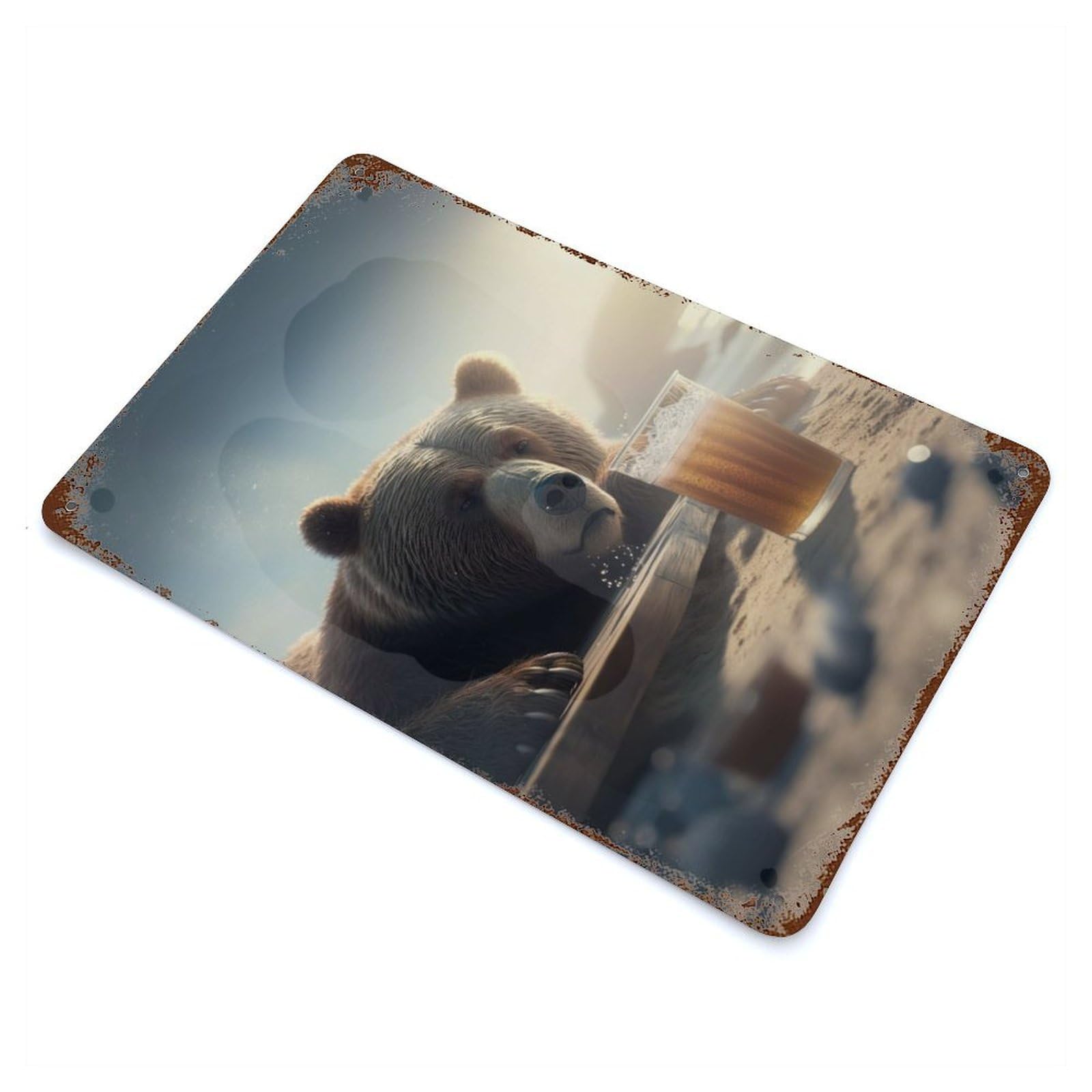Drunk Bear with Beer 11.8"x7.9" Rusty Metal Tin Sign, Shabby Chic Decor for Bistro, Counter And Cafe Decor
