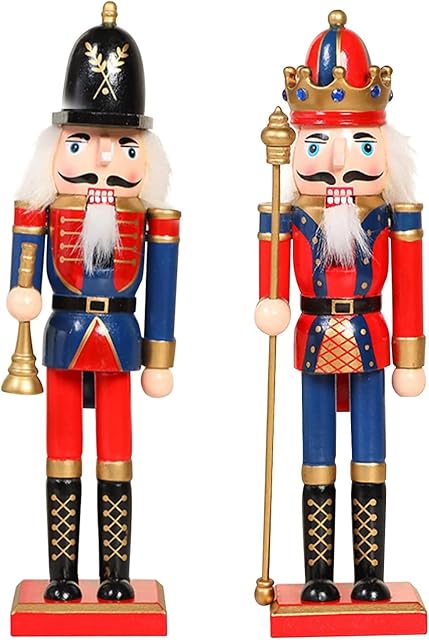 KAHEIGN 2Pcs Wooden Nutcracker Soldiers, 2 Style 30CM Christmas Traditional Nutcracker Figures Premium Pine Wood Painted Soldier for Home Fireplace Christmas Tree Party Decoration (Trumpet & Scepter)