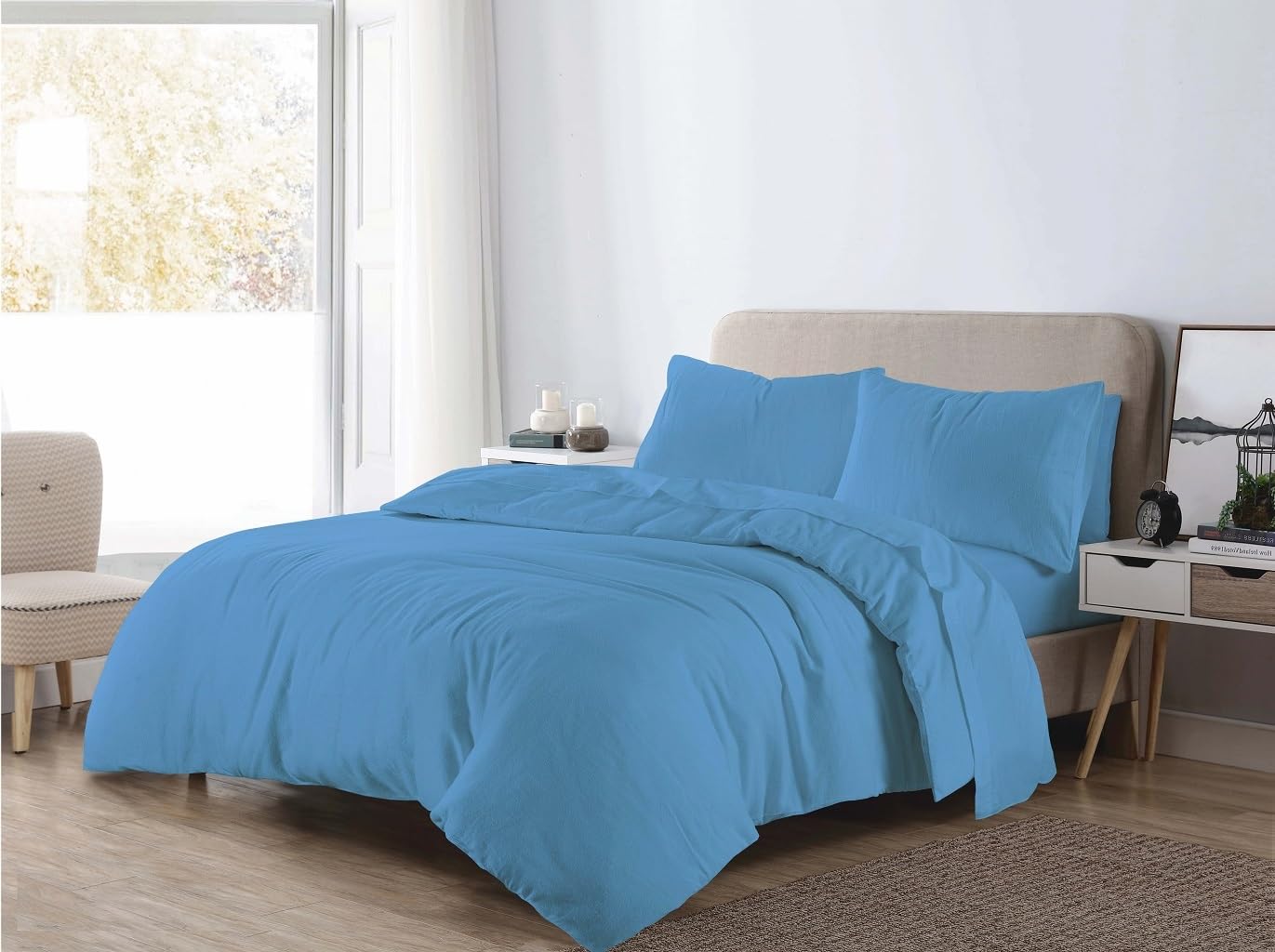 Thermal Flannelette Duvet Quilt Cover Bedding Set with Matching Pillowcase 100% Brushed Cotton Quilt Covers for Single, Double, King, Super King Bed Size Duvet Cover (Blue, King)