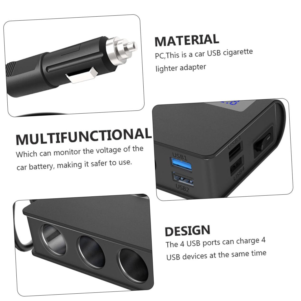 Veemoon Caricatore da Auto Adattatore Accendisigari 3 in 1, 4 Porte Usb, 180w Max, Interruttore Indipendente, per Telefoni Cellulari e Mp3