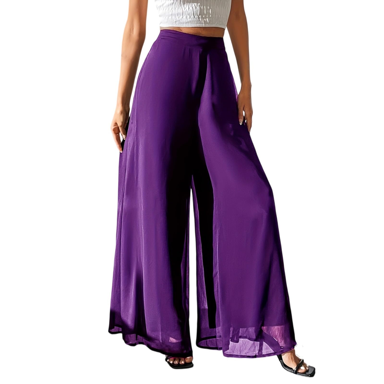 Palazzo Pants for Women Chiffon Double Layers Wide Leg Pants Casual Boho Flowy Elastic Waist Lounge Pant