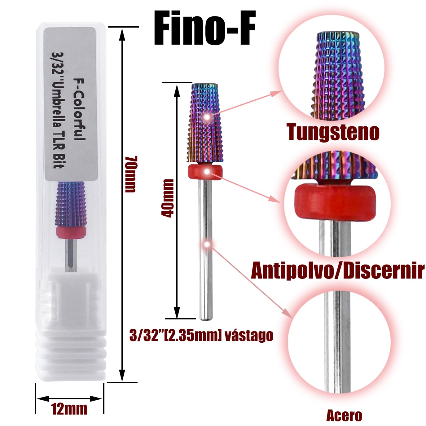 Broca Manicura, 5 en 1 Juego de 2 Brocas para Taladro de Uñas 3/32 Taladro de uñas multifunción con forma cónica broca profesional para máquina de manicura de uñas F(fino)