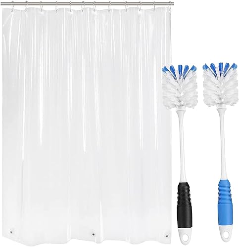AmazerBath Forro transparente para cortina de ducha de 72 x 84 pulgadas y 2 cepillos limpiadores de botellas