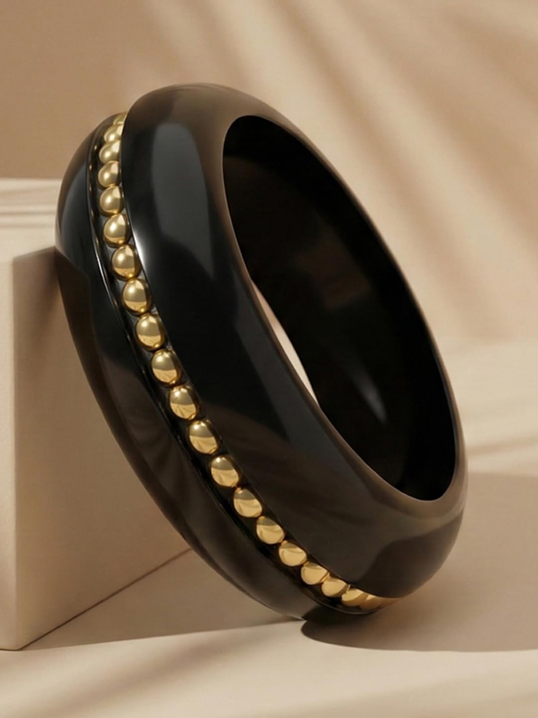 Adiva Black Glossy Acrylic Resin Statement Bangle with Gold Bead Detailing for Women & Girls | Western Style Fashion Bangle Bracelet | Lightweight Designer Jewellery, Party & Festive 2