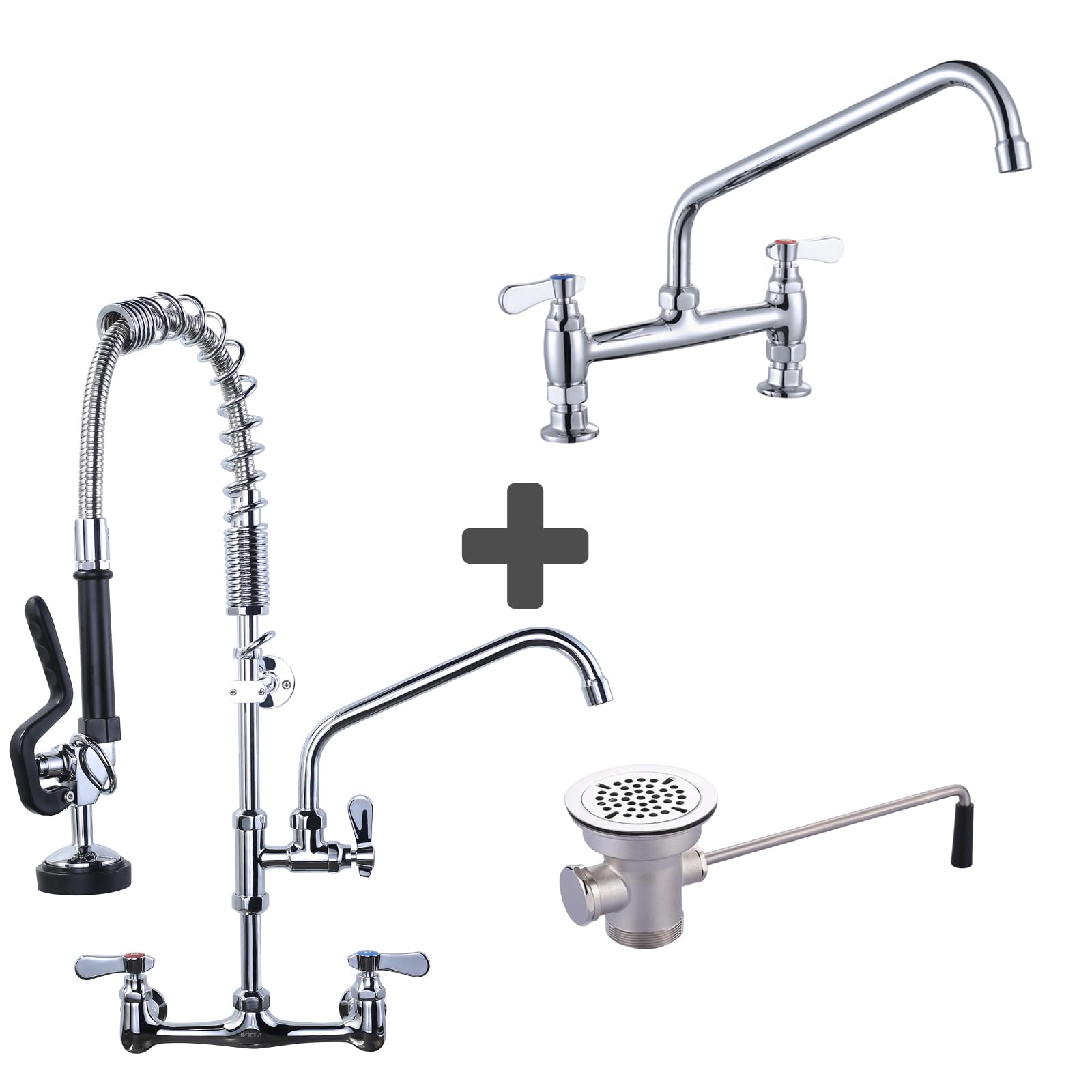 Sxithgkdw Commercial Sink Faucet With 14” Swivel Spout & Supply Lines & Commercial Kitchen Faucet Wall Mount With Pre-Rinse Sprayer & Commercial Sink Drain: 3-1/2" Sink Opening Waste Drain Valve