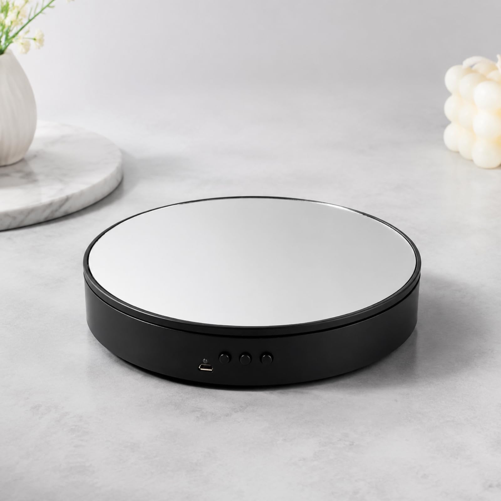 Espositore Girevole Elettrico Regolabile, Superficie A Specchio, Diametro 20 Cm, Nero
