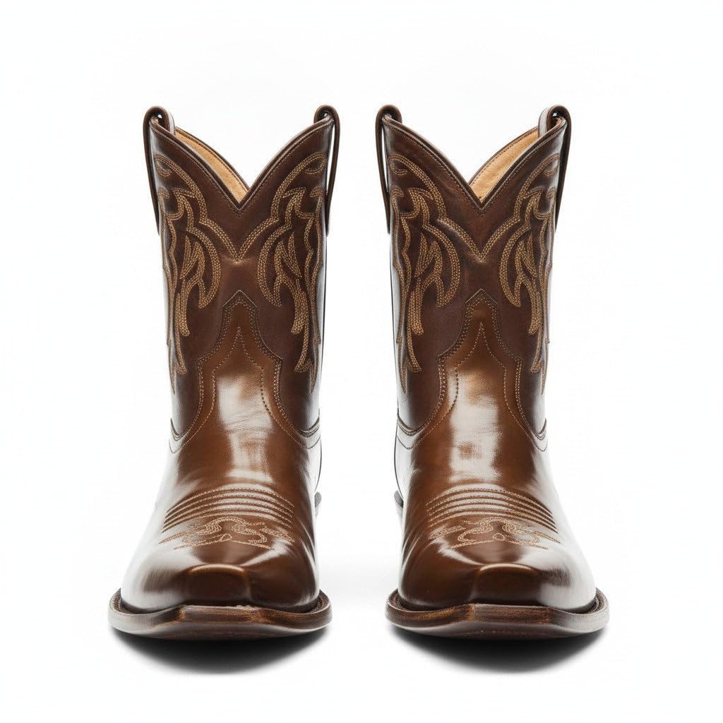 costoso italiano Men’s Brown Leather Cowboy Boots, Western Embroidered Pointed Toe Boots with Pull-On Design-picture-31