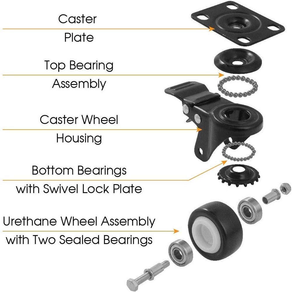 Lot de 4 Roues Castor Heavy Duty 180KG 50 mm PU en Caoutchouc pivotant Chariot Meubles Caster avec Freins Noir - 10 mm Vis (Color : 2 with Brakes 2 Non Brakes)