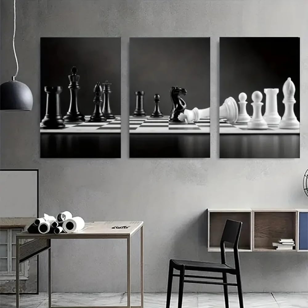 HURCP Set Of 3 Canvas Poster Modern Simple Black And White Chess Creative Wall Art Prints Gift Bedroom Living Room Dorm Gallery Corridor Decor Picture,A3 (30X42CM)