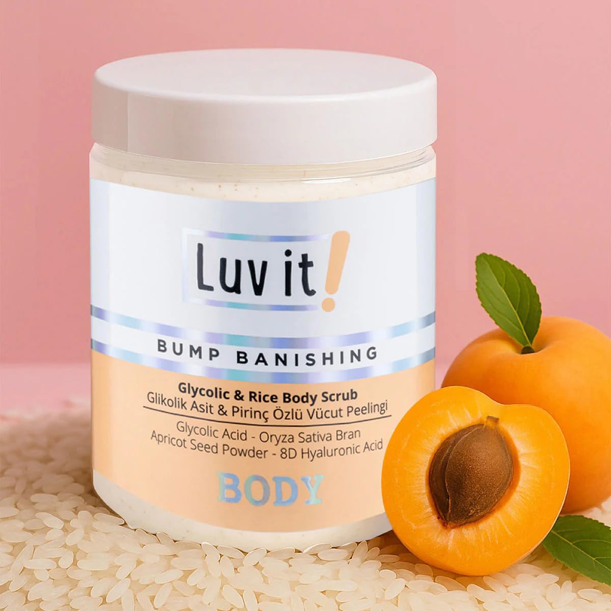 Luv it! Exfoliante corporal con extracto de arroz, ácido hialurónico y núcleo de albaricoque, 250 ml, AHA Body Scrub para pieles normales, secas y sensibles