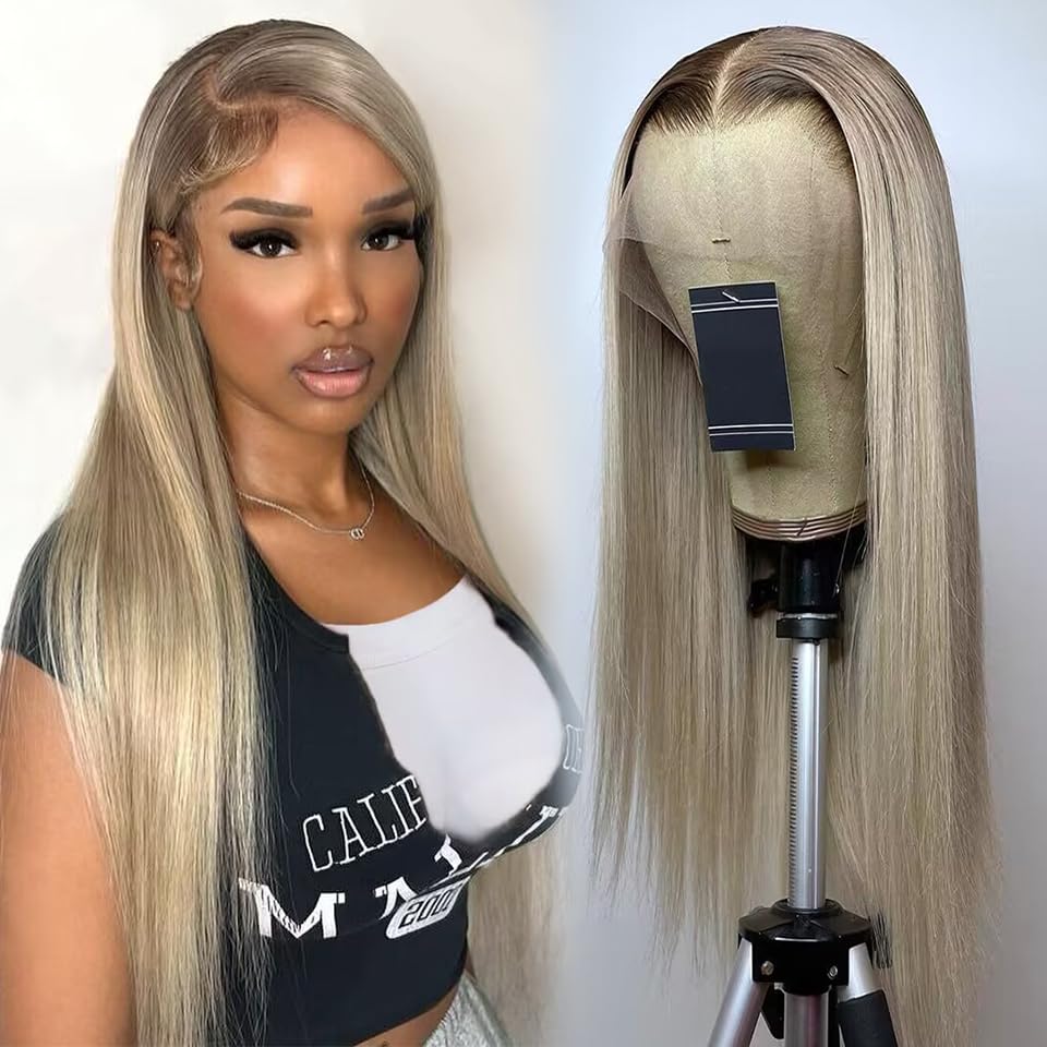 koinu Ash Blonde Wig Human Hair 13x4 Transparent Lace Front Wigs Human Hair 200% Density Ash Blonde Straight Lace Front Wigs for Women Ombre Blonde Colored HD Lace Frontal Wig Pre Plucked 26 Inch - Image 3