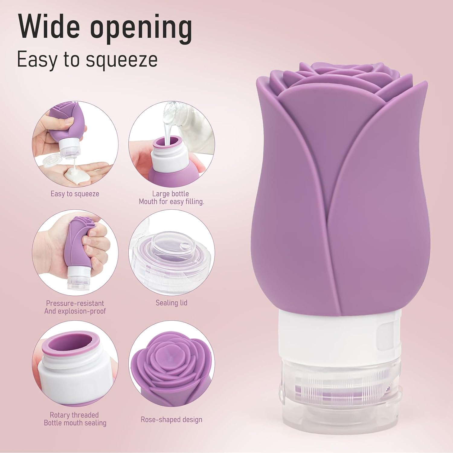 3 OZ Travel Bottles Leakproof for Travel TSA Approved & Refillable Mini Cream Containers Set 8 Pack – Silicone Squeeze Tube Rose Bottle for Shampoo Lotion Body Wash BPA Free with Bag, Purple image 5