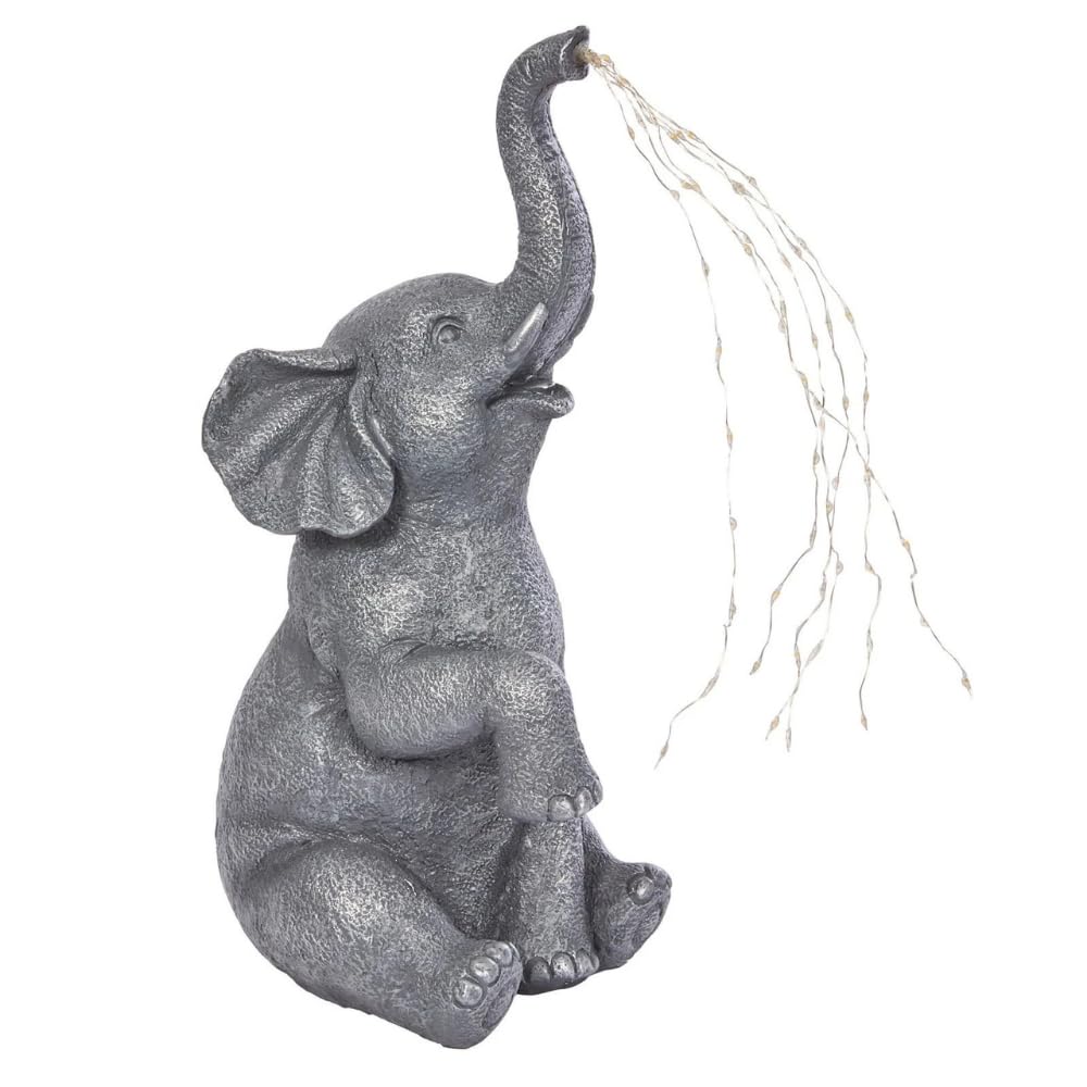 Garden Mile Estatua grande de elefante de jardín con cadena de luces solares – Al aire libre resistente a la intemperie, resina de riego de resina con luces LED solares para patio, balcón, regalo de