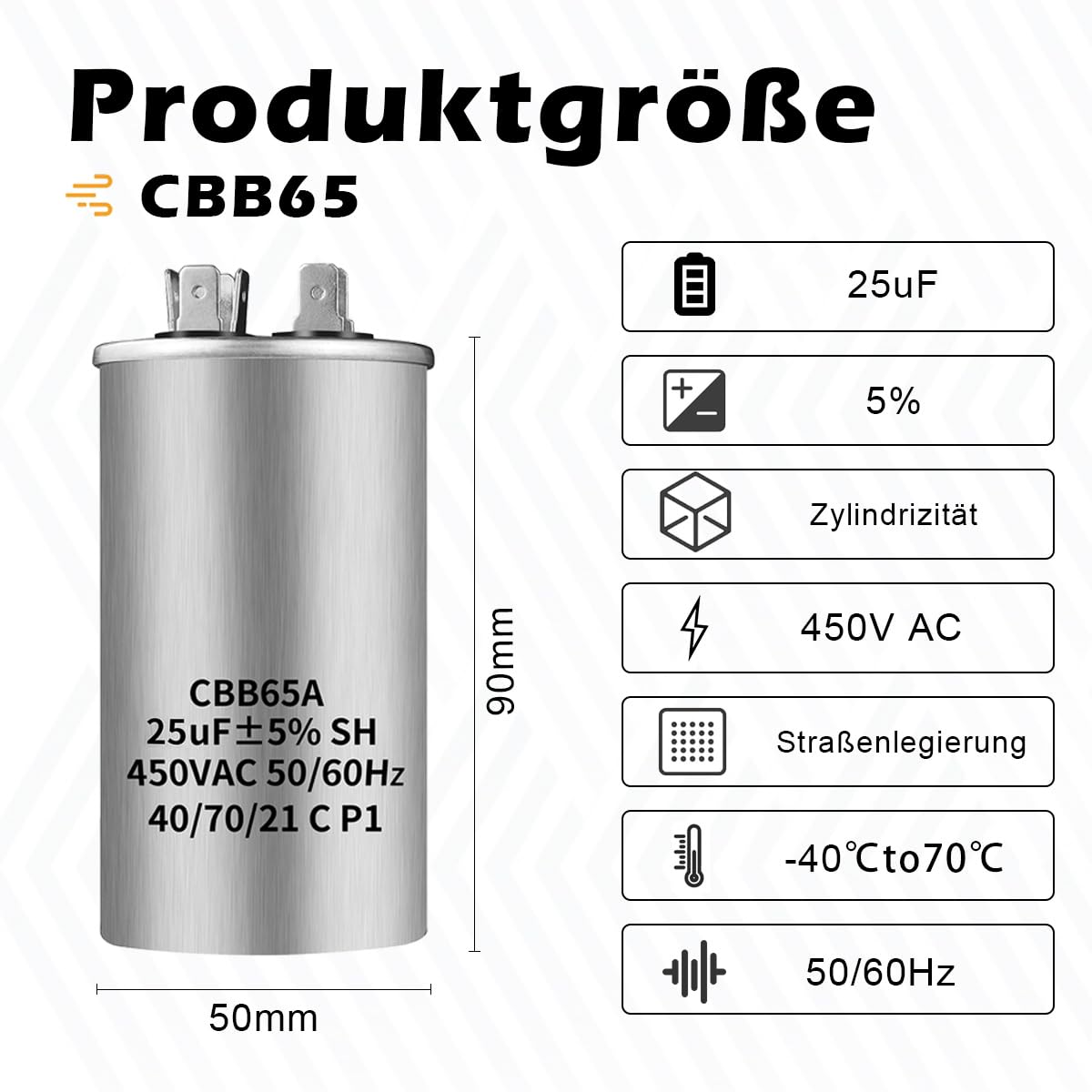 Condensador de arranque CBB65 450V AC 25uf 50/60Hz para aire acondicionado y compresor redondo