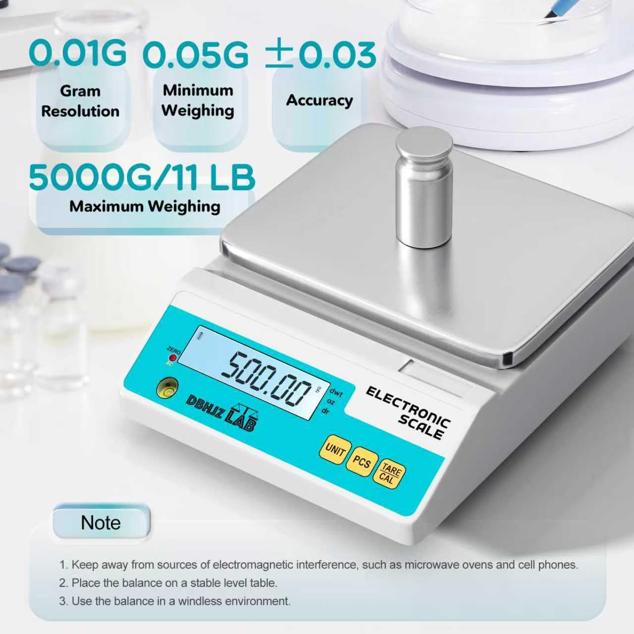 Báscula de laboratorio de 5000 g/0,01 g, báscula analítica electrónica de alta precisión, báscula científica de laboratorio con peso de calibración, doble fuente de alimentación, báscula de joyería