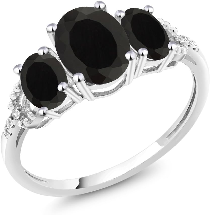 Gem Stone King 2.08 Cttw 10K White Gold Black Onyx and Diamond Accent 3-Stone Engagement Ring | Oval 8X6MM and 6X4MM | 3 Stone Wedding Anniversary Promise Ring For Women