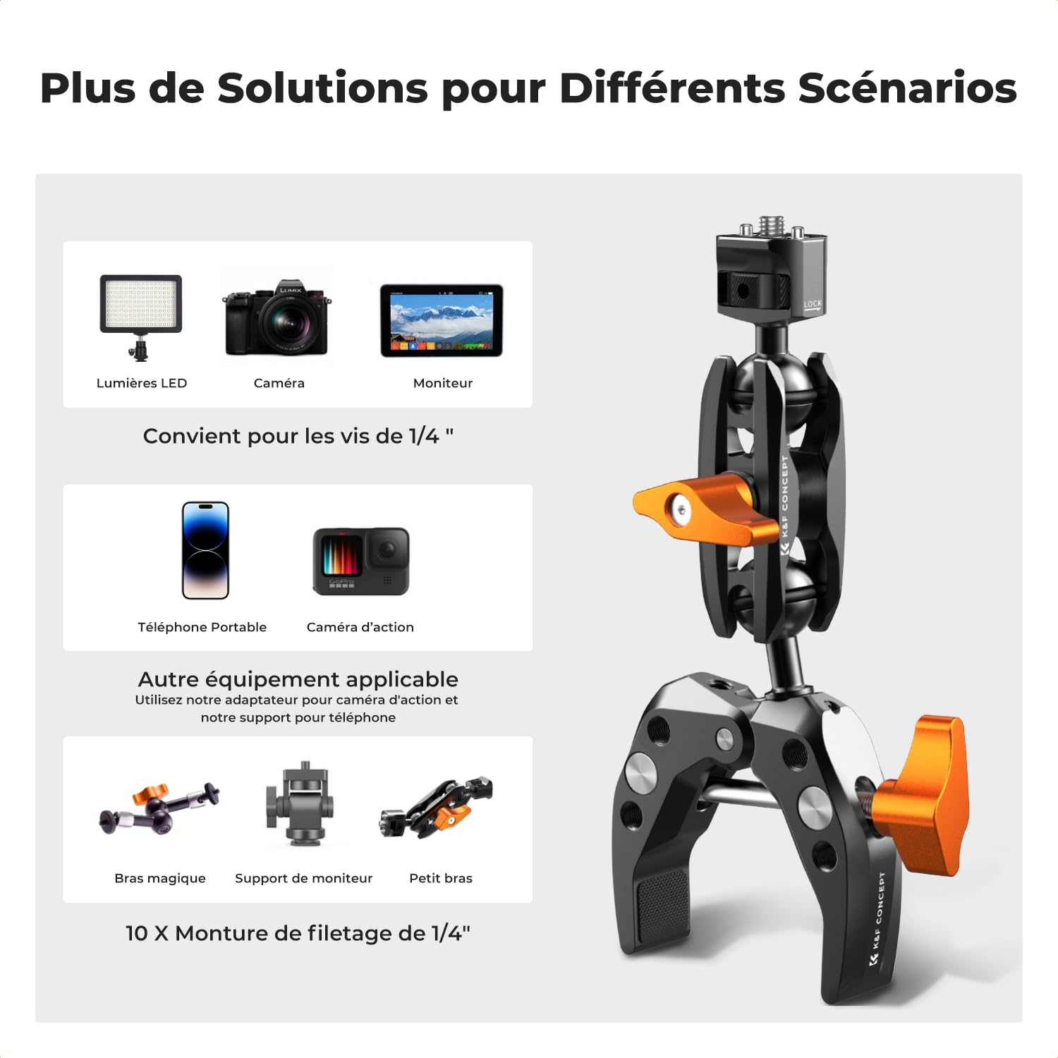 K&F CONCEPT Bras Magique + Pince Super Clamp à Rotule 360° – Support Articulé Multi-Angle avec Filetage 1/4'' et Adaptateur GoPro/Clip Téléphone pour Caméra Photo DSLR Microphone Lumière – M13