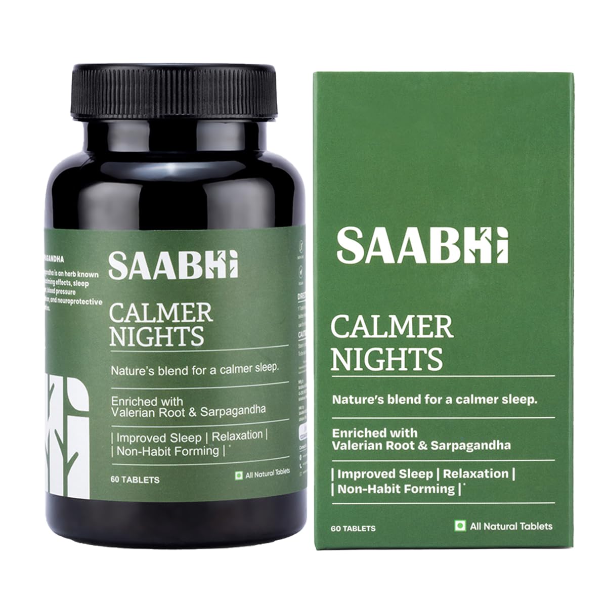 SAABHI Calmer Nights Tablets | With Tagara/Valerian Root 200 mg |Natural Sleep-Well Tablets | Ashwagandha & Sarpgandha|, Natural Sleep Aid Reduces Restlessness, Calms Mind | Promotes Deep Sleep |Non-Habit Forming (60 Tablets)