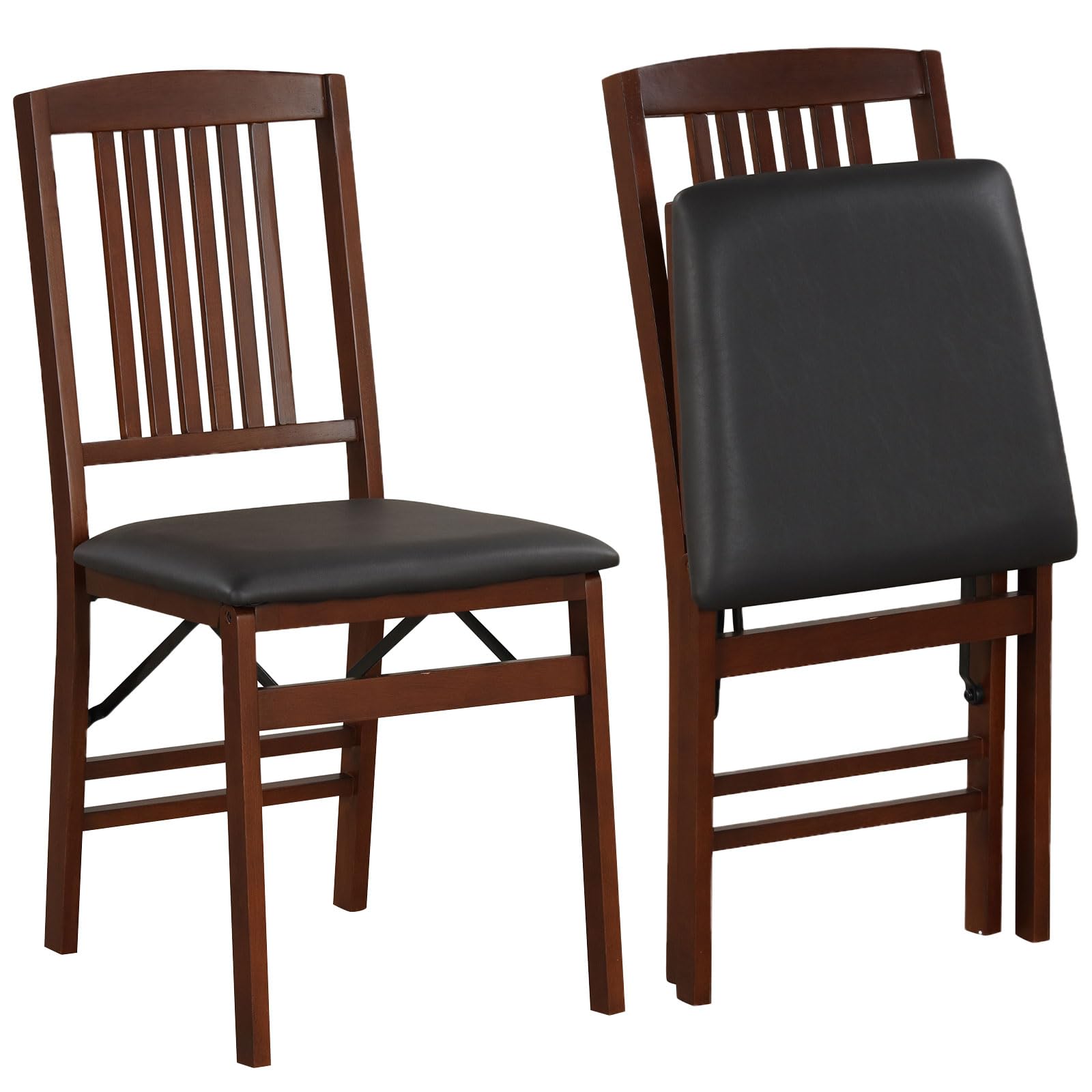 Giantex Folding Dining Chairs Set of 2, Solid Wood Frame, Foldable Wood Kitchen Chairs with Padded Seat, Max Load 400 Lbs, No Assembly, Armless Side Chairs for Apartment Dining Room, Brown & Black
