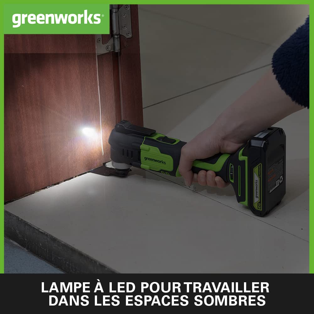 Greenworks Outil multifonction 24V G24MT (Li-Ion 24V 18000 oscillations par minute, arc d'oscillation 3°, vitesse variable, changement de lame sans outil, lampe LED, sans batterie ni chargeur)