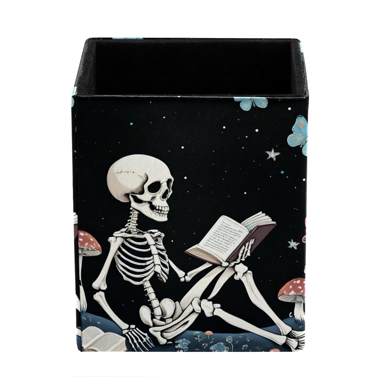 HEOEH Funny Skeleton Reading Pen Holder Pen Pot, Square Pencil Cup for Desk