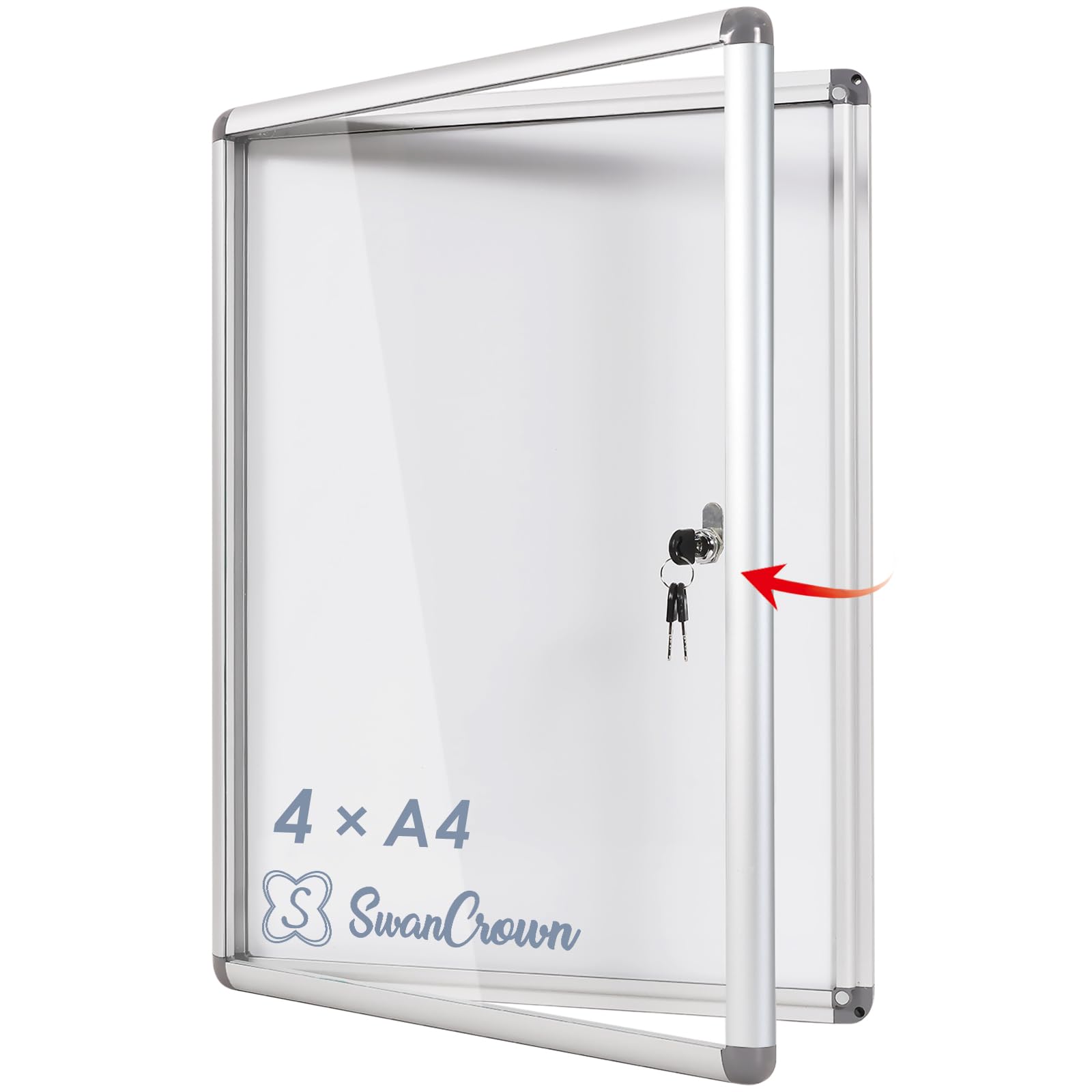SWANCROWN Tableau affichage Mural, 4 x A4, Vitrine d’affichage avec serrure | Verrouillable, Intérieur, Magnétique, Dos du tableau blanc, Panneau d'affichage pour bureaux, restaurant, Magasin, 67x50cm