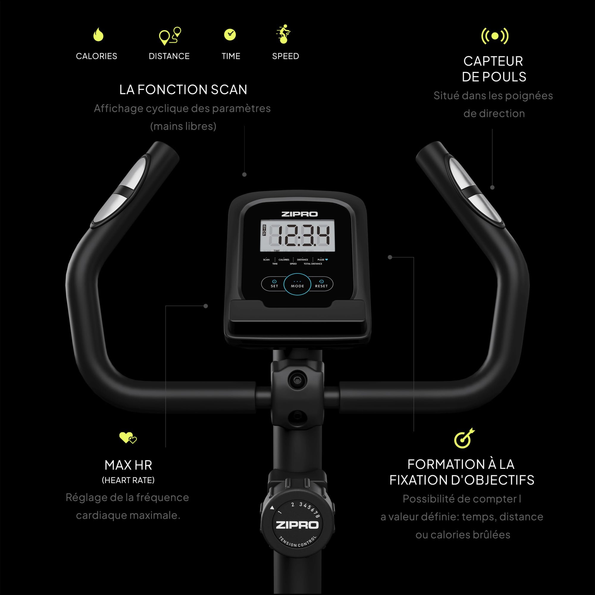ZIPRO Vélo d'Appartement Adulte Résistance Magnétique 8 Niveaux Écran LCD