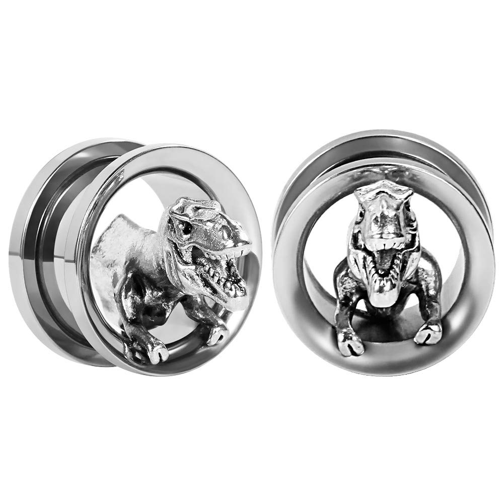 TBOSENEar Plugs Silver Screw Fit Tunnels Gauges Dinosaur Skull Stretchers Expander 2pcs