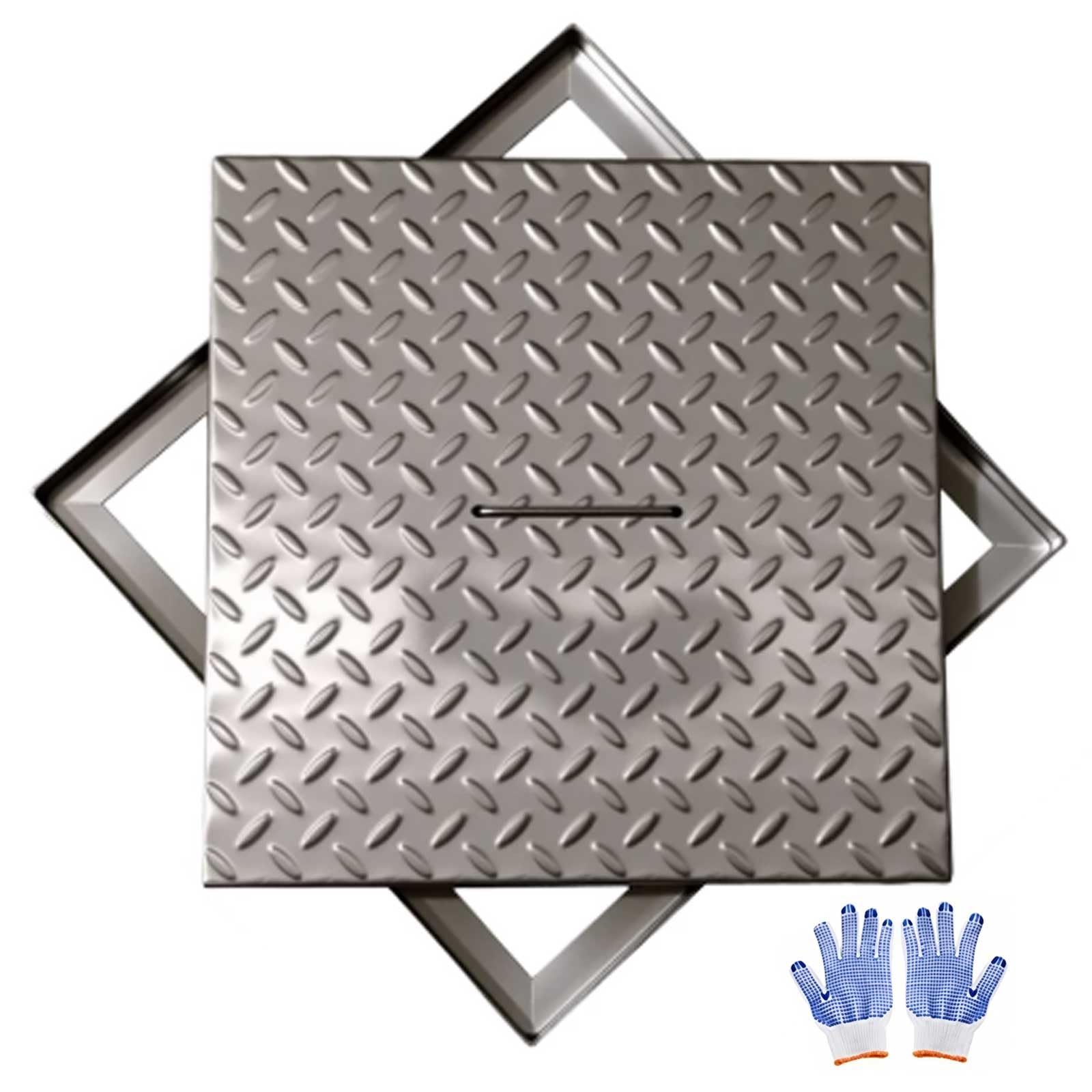 Tapa y Marco Arqueta Cuadrada Empotrada con Asa, Tapa de Pozo y Alcantarilla de Acero Inoxidable 304 Antisilip con Nervaduras de Refuerzo para Patio, Pavimento(30x30cm/12x12in)
