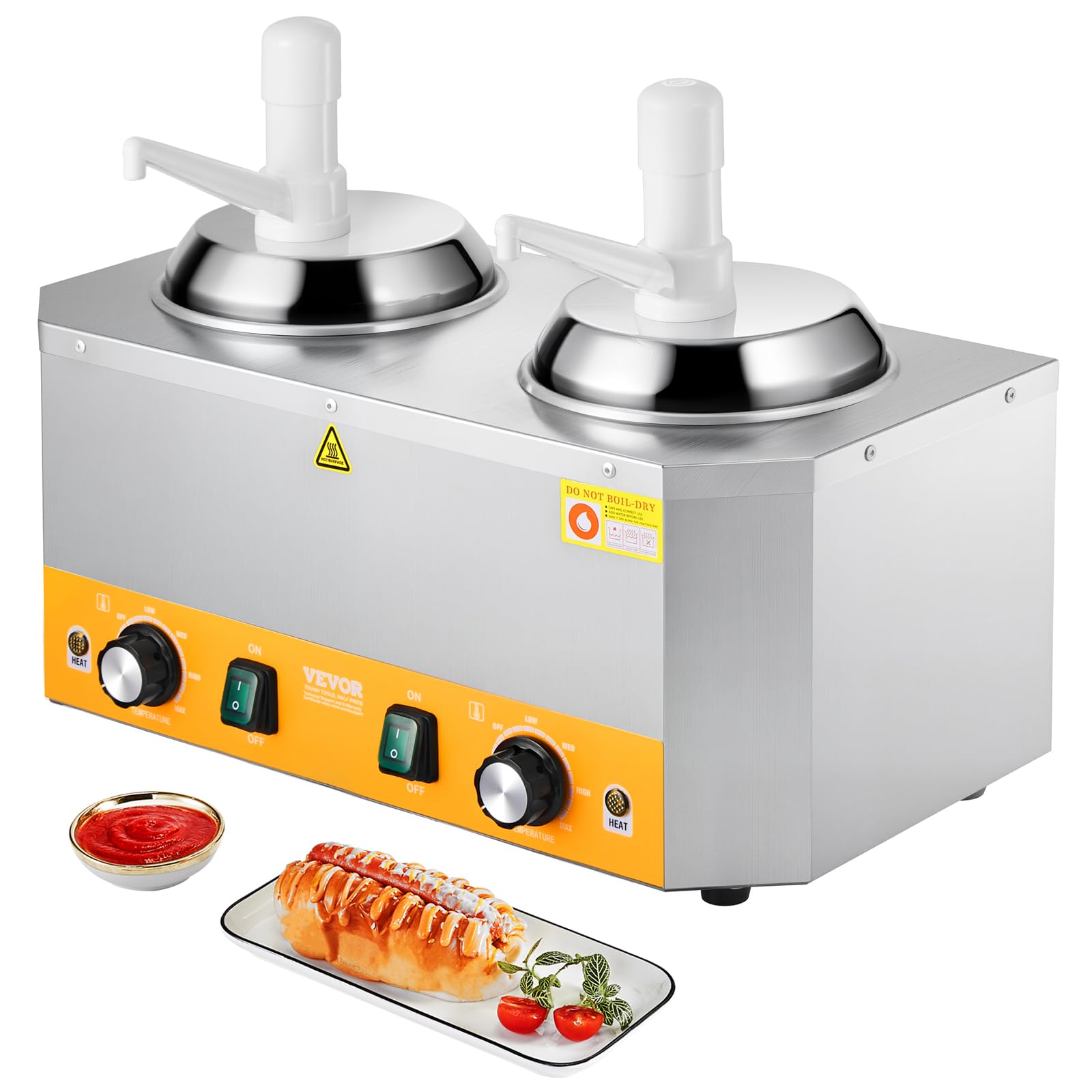 VEVOR Electric Cheese Dispenser with Pumps, 2.4x2 L Commercial Hot Fudge Warmer, Plastic Double Pumps Dispenser, 86-230℉ Temp Adjustable Nacho Cheese Sauce Warmer, for Hot Fudge Cheese Caramel