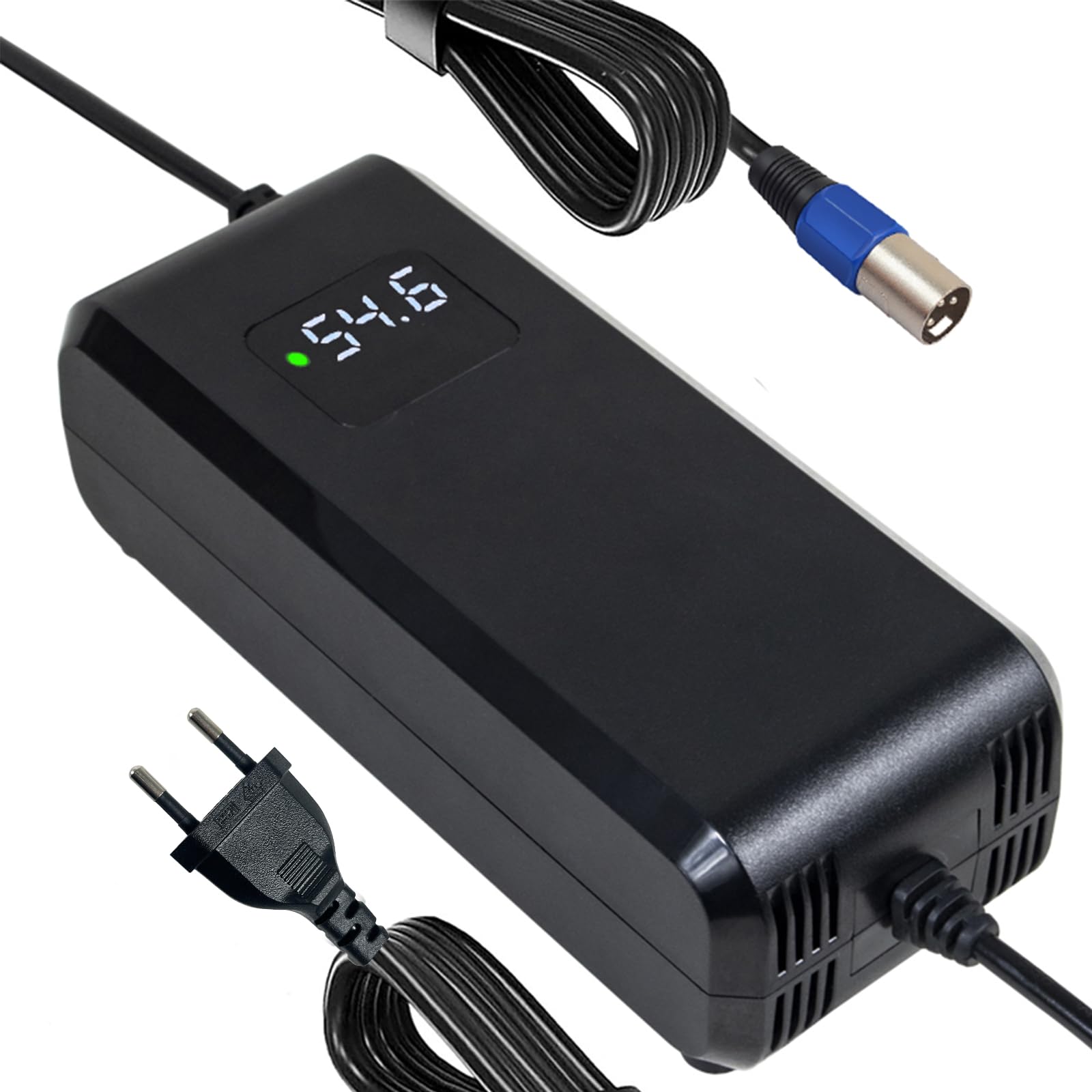 Chargeur 54,6 V 4 A avec connecteur XLR 3 broches pour batteries au lithium 48 V dans les appareils de transport personnels. Équipé d'un indicateur de tension LED en temps réel et d'un refroidissement