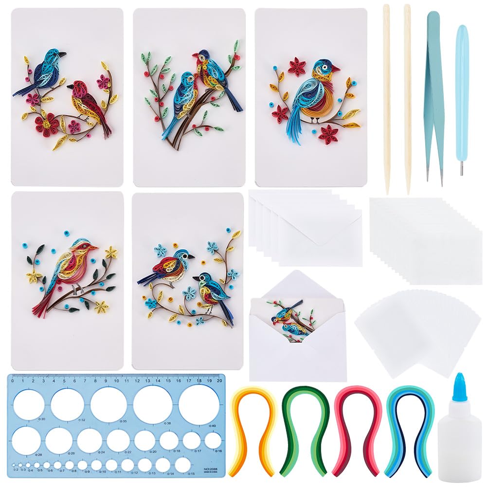 WEBEEDY 20 Sets DIY Bird Flower Quilling Greeting Card Kit Paper Quilling Kit for Adults Beginners 5 Styles Bird Love Greeting Card Making Kit with Instruction Valentine's Day Wedding Gift
