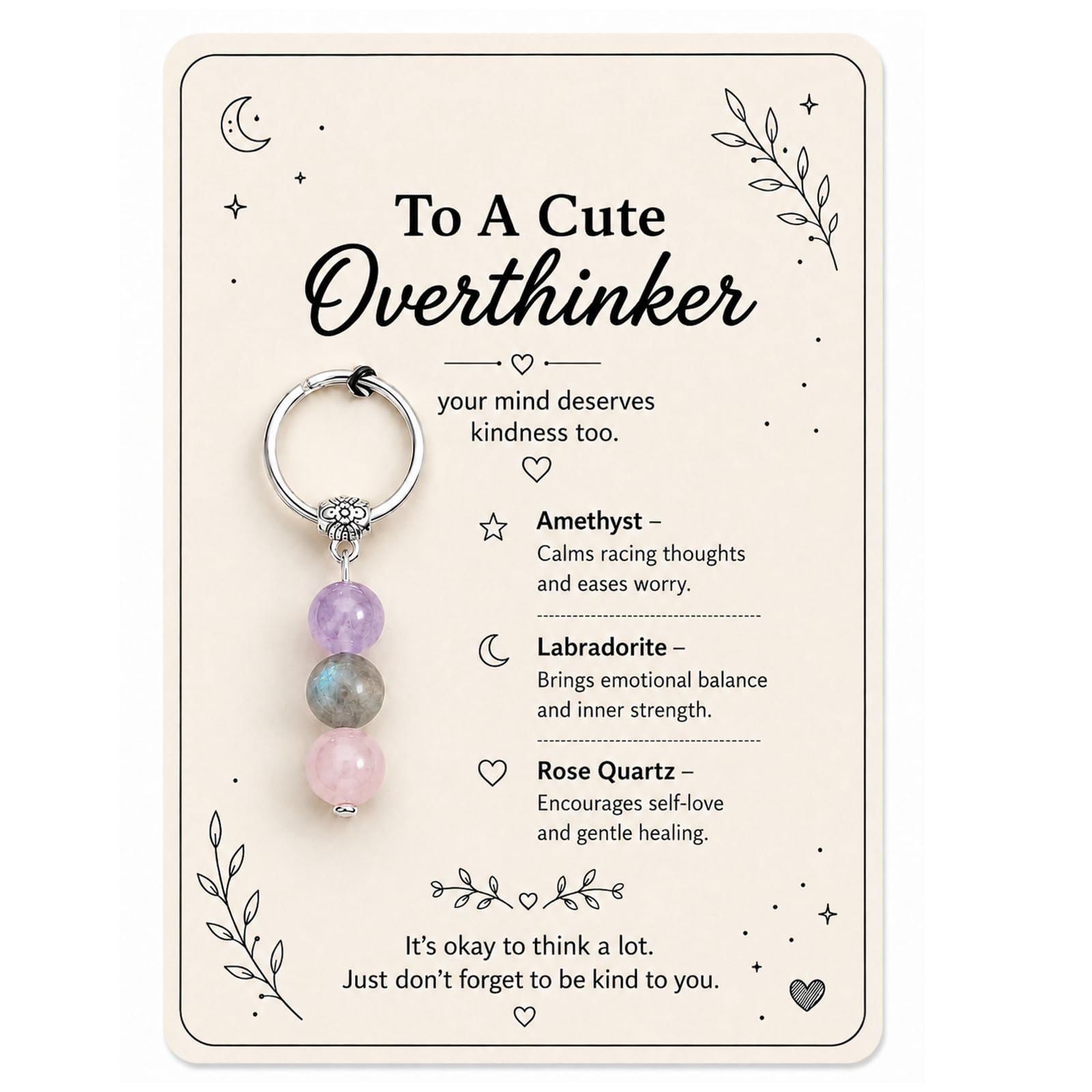 Virelle Crystal Keyrings for Women 3 in 1 Amethyst Labradorite Rose Quartz Key Chain with Inspirational Card for Overthinker Ladies Keyring Birthday Gifts for Women Friendship Gift (Card2)