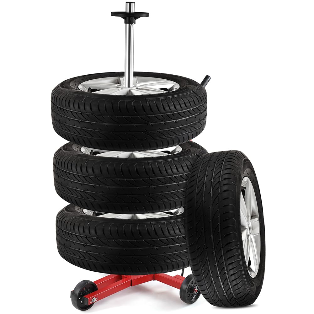 BAKAJI Arbre de tige de pneu en fer avec roues pivotantes pour jantes de voiture, camion, moto, étagère de pneu mobile gain de place pour pneus, atelier, mécanique