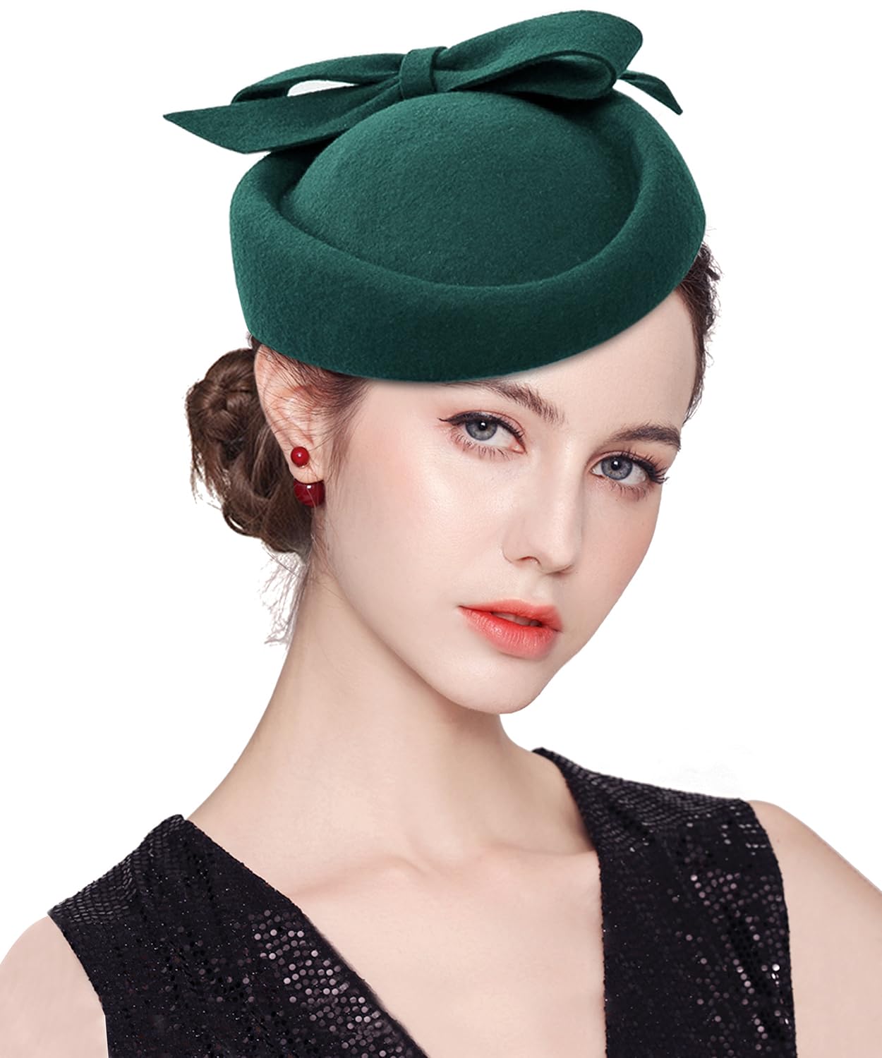 ELLYDOOR Wool Fascinator Pillbox Hat Winter British Wool Felt Hat for Women Wedding Church Hat Flower Fedoras, 2023 Green, One Size